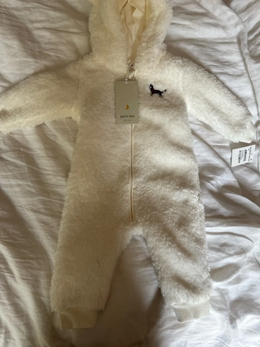 Petit Lem Cream Fleece Hooded Footie with Embroidered Dog